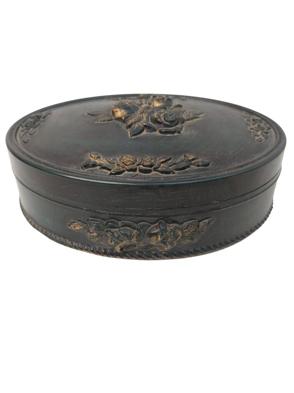 Victorian Revival Oval Jewelry Trinket Box Carved Roses Dark Green Gold Storage
